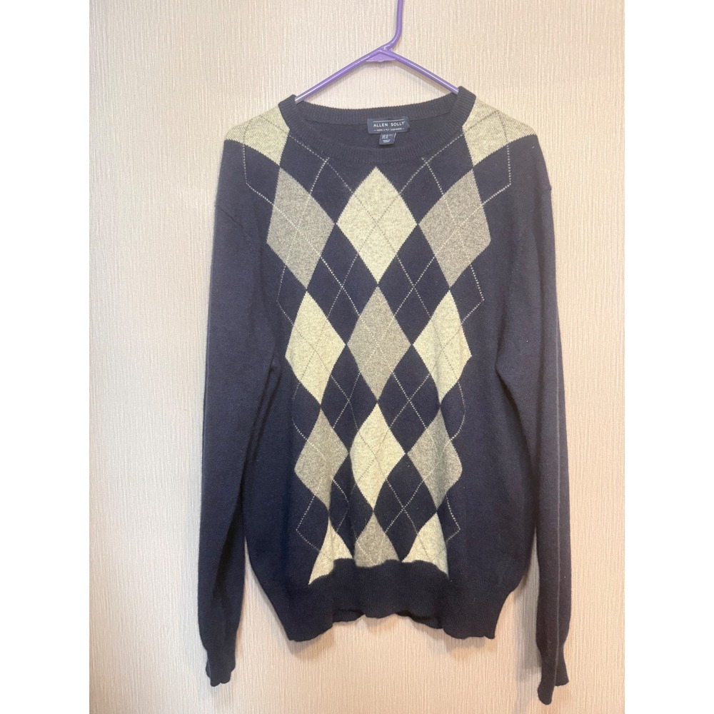 Allen Solly 100% 2-ply Cashmere Gray Navy Argyle crew neck Sweater Men's XL
